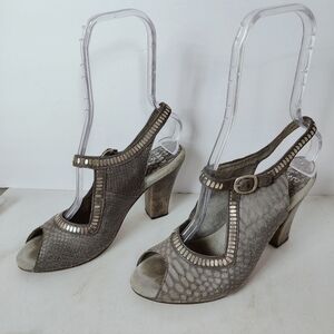 Calleen Cordero Gray Snakeskin Leather Studded Mary Jane Slingback Heels, 8.5